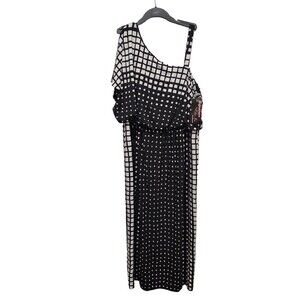 Nwt Signature by Robbie Bee Black & White Abstract Check One Shoulder Maxi Dress